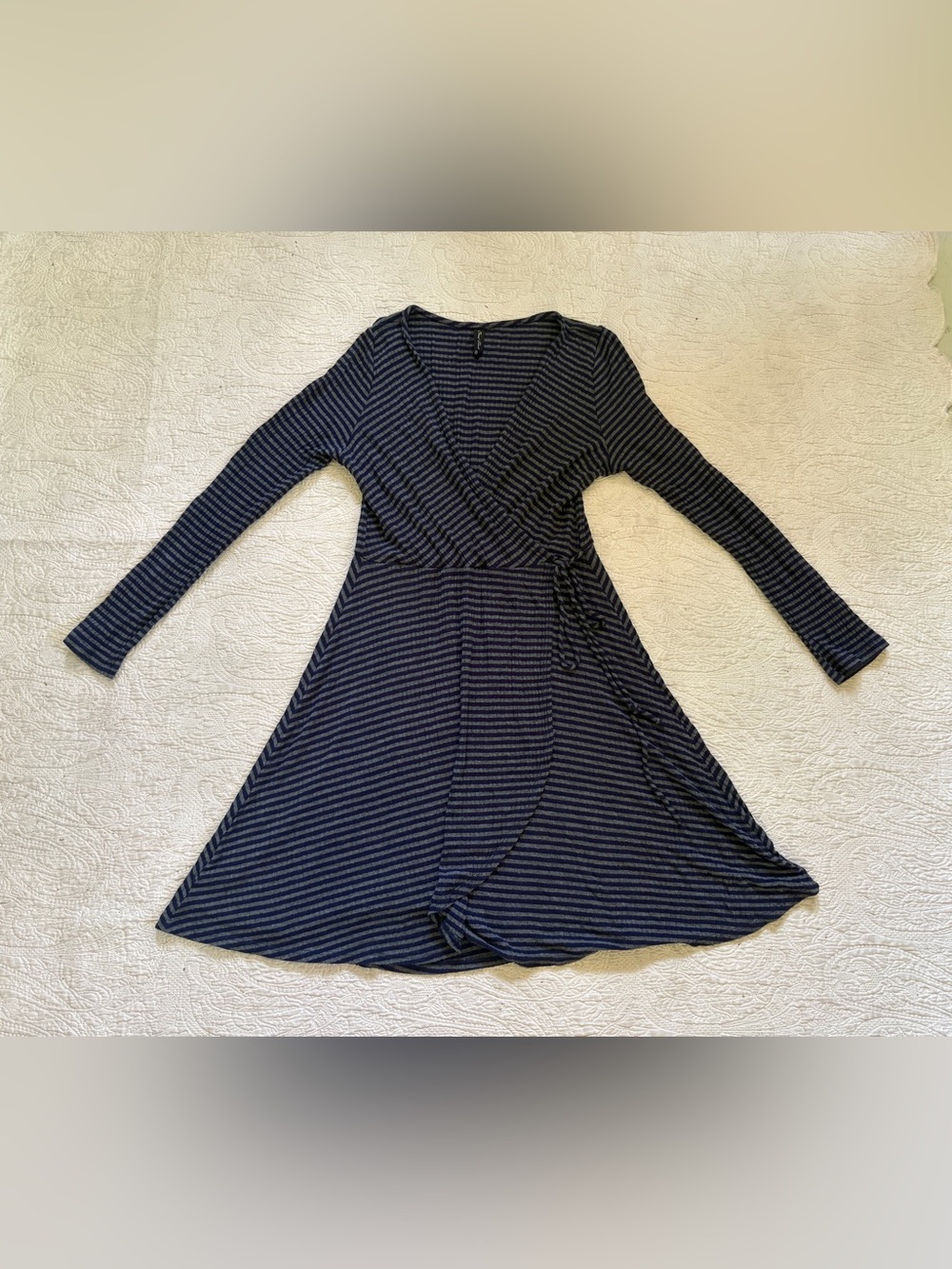 Women’s Final Touch Navy and Gray Striped Wrap Dress - size Medium